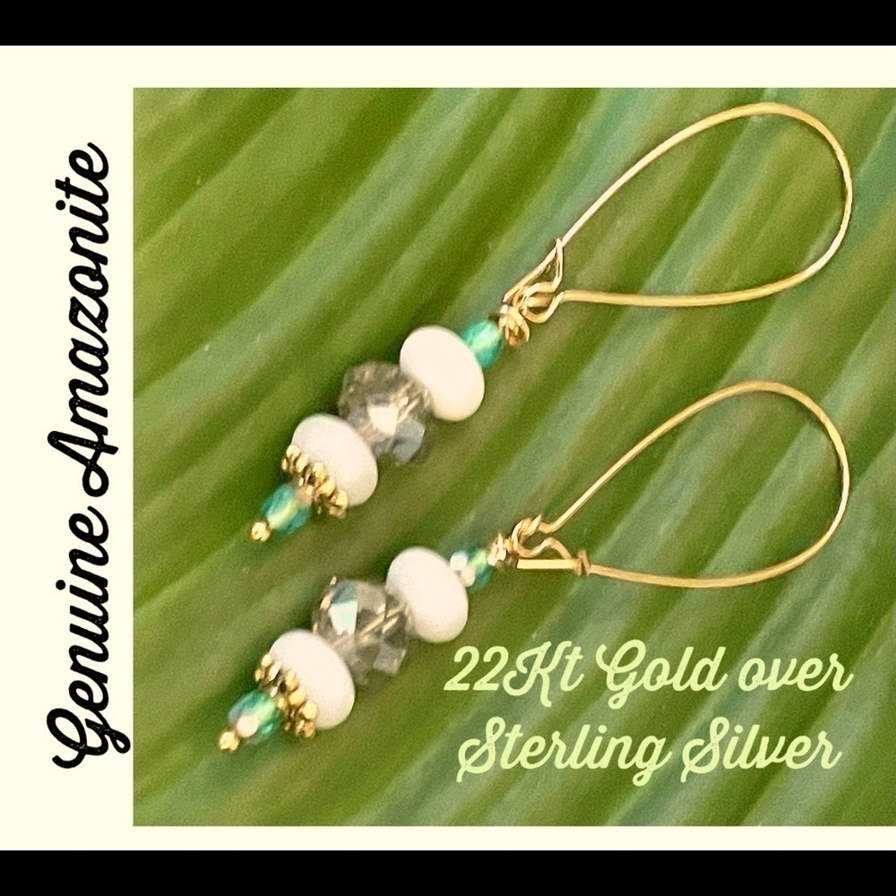 𝅺22KT Gold plated Sterling Silver earrings Genuine Amazonite BUY NOW PRICE - Picture 2 of 7
